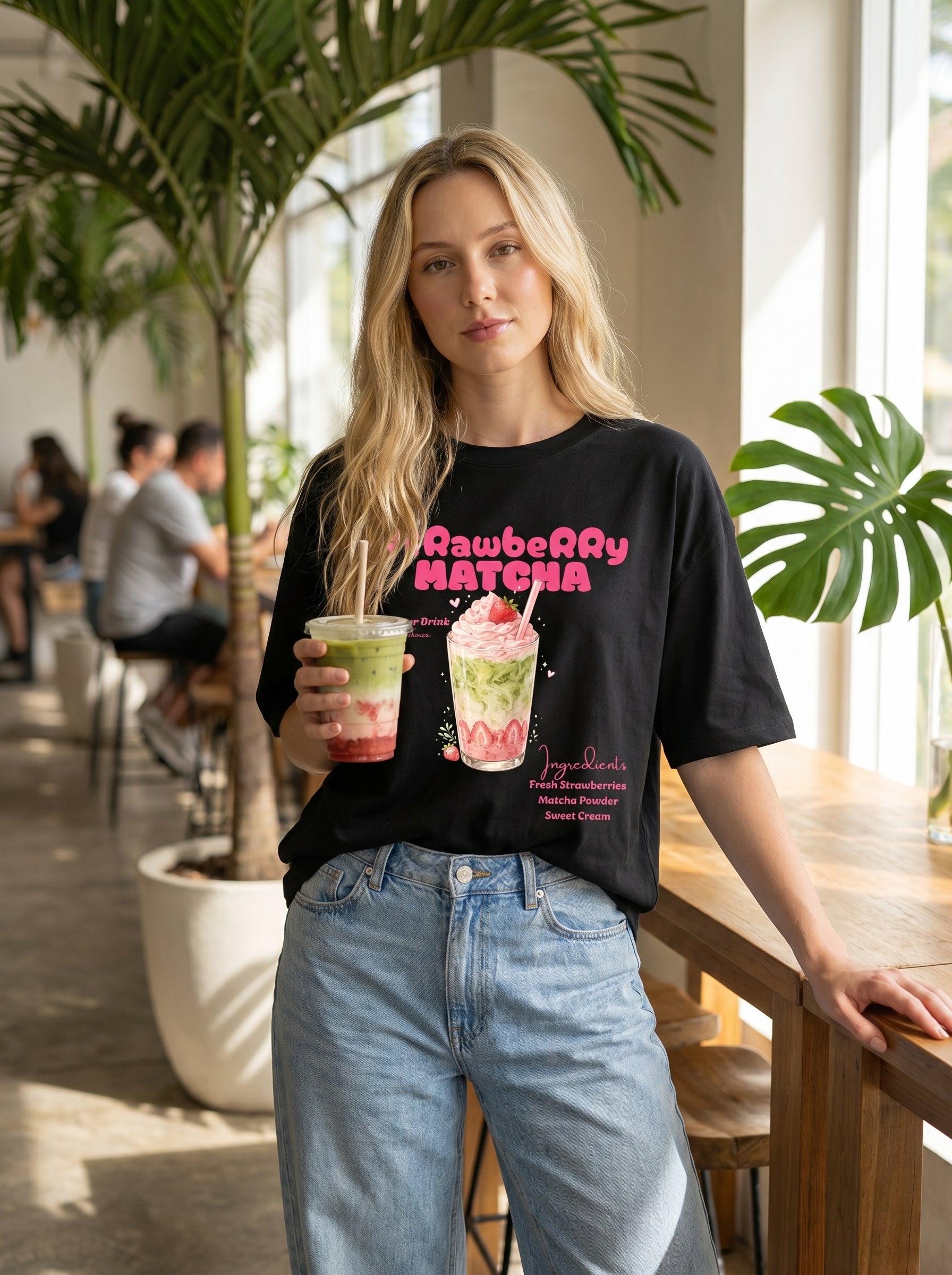 Strawberry Matcha – Black Oversized T-Shirt