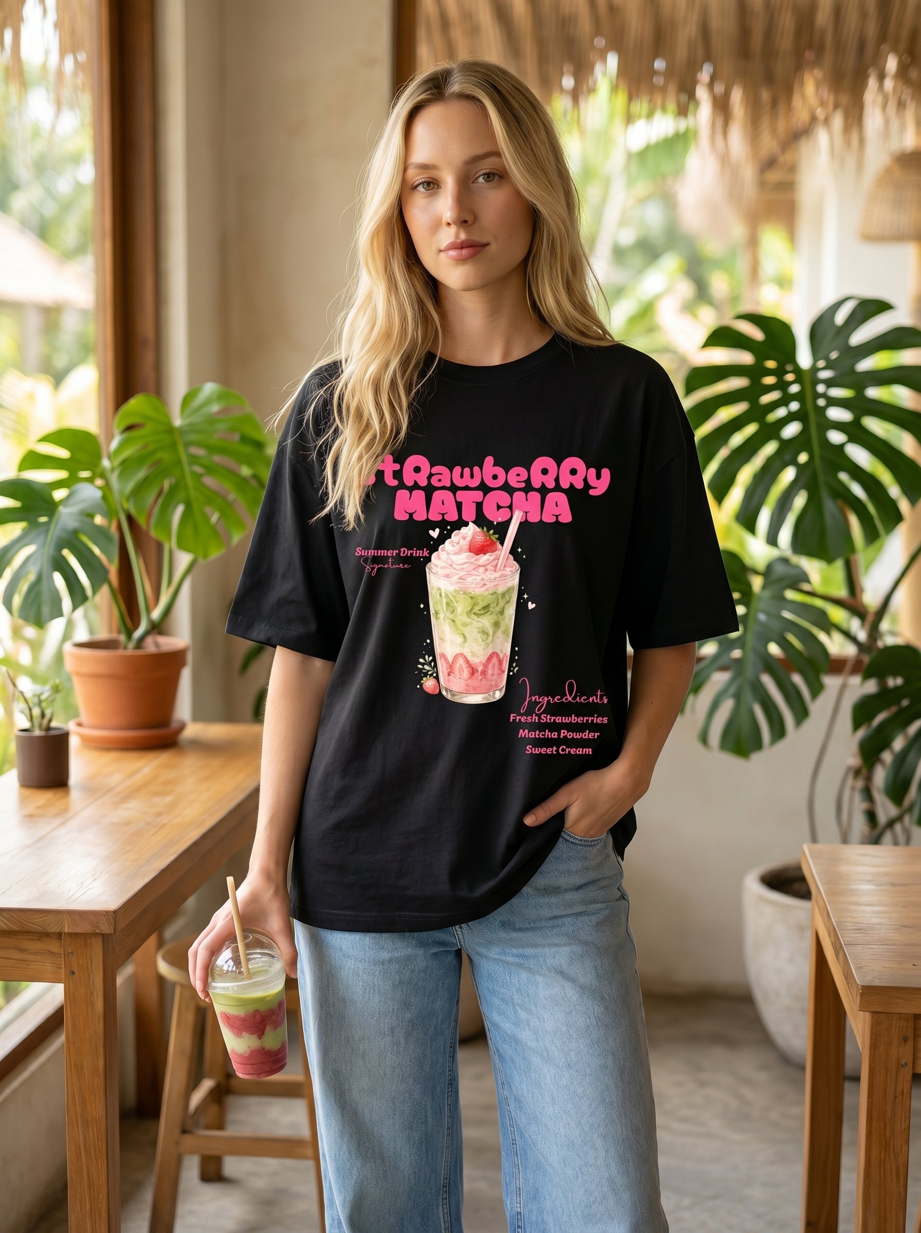 Strawberry Matcha – Black Oversized T-Shirt