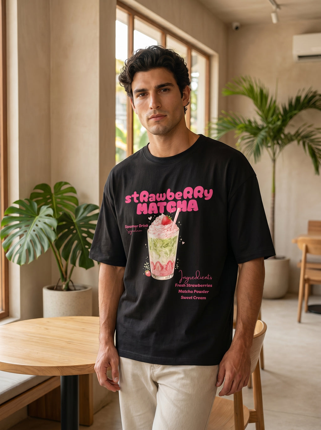Strawberry Matcha – Black Oversized T-Shirt