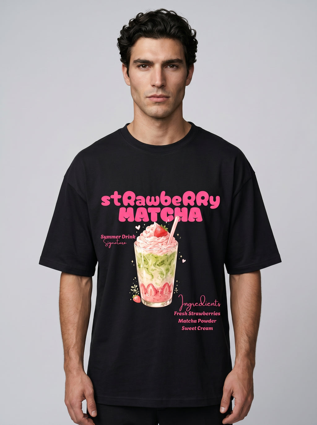 Strawberry Matcha – Black Oversized T-Shirt