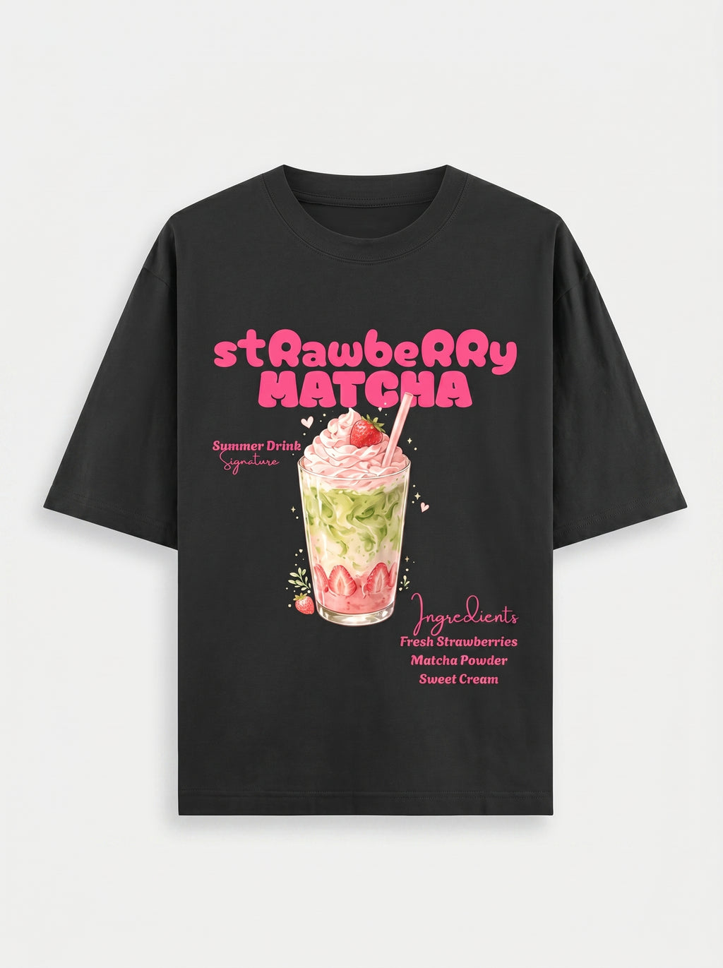 Strawberry Matcha – Black Oversized T-Shirt