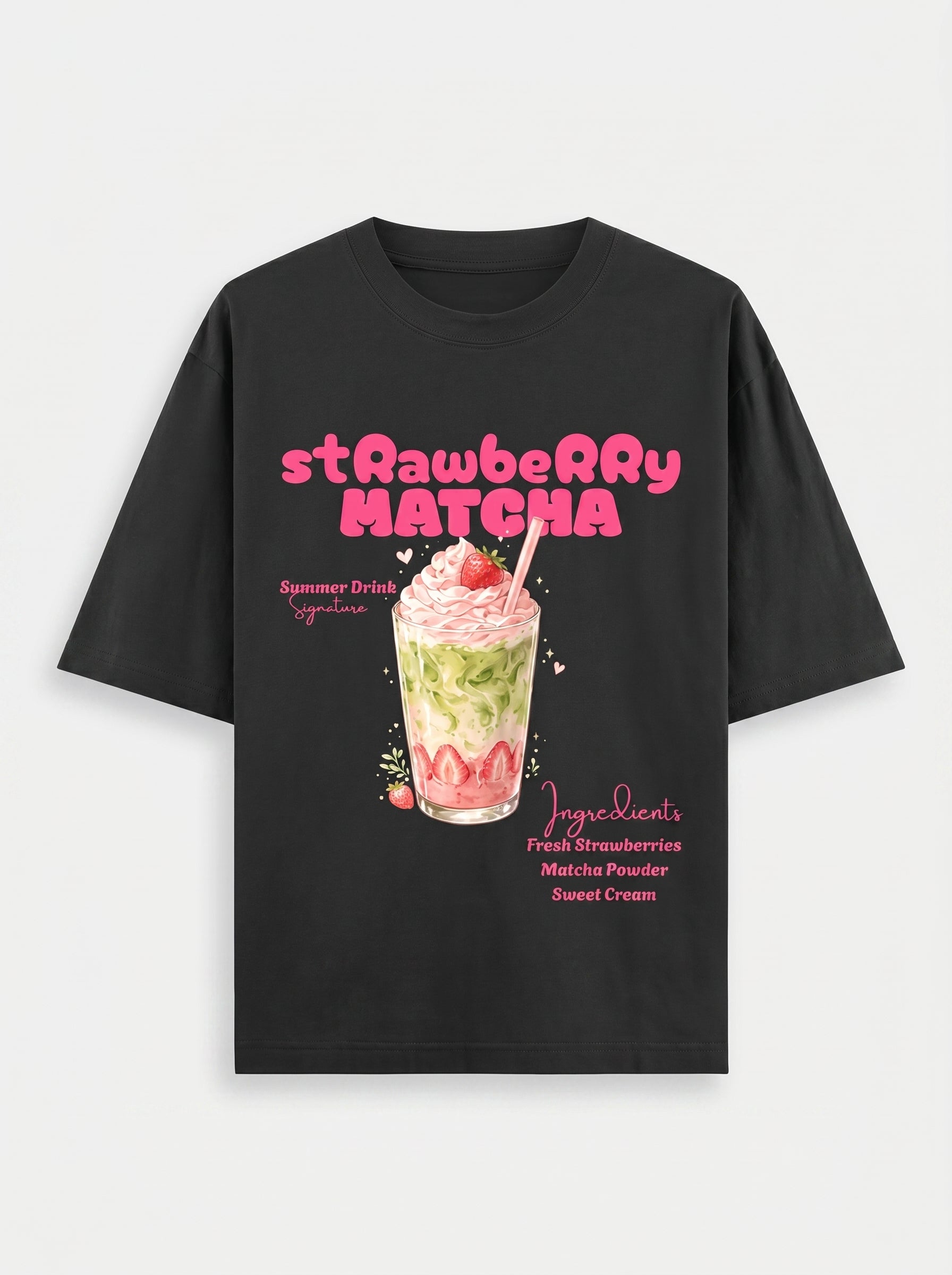 Strawberry Matcha – Black Oversized T-Shirt
