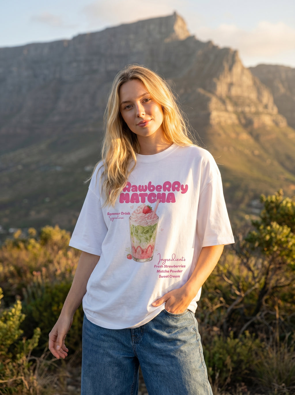 Strawberry Matcha – White Oversized T-Shirt