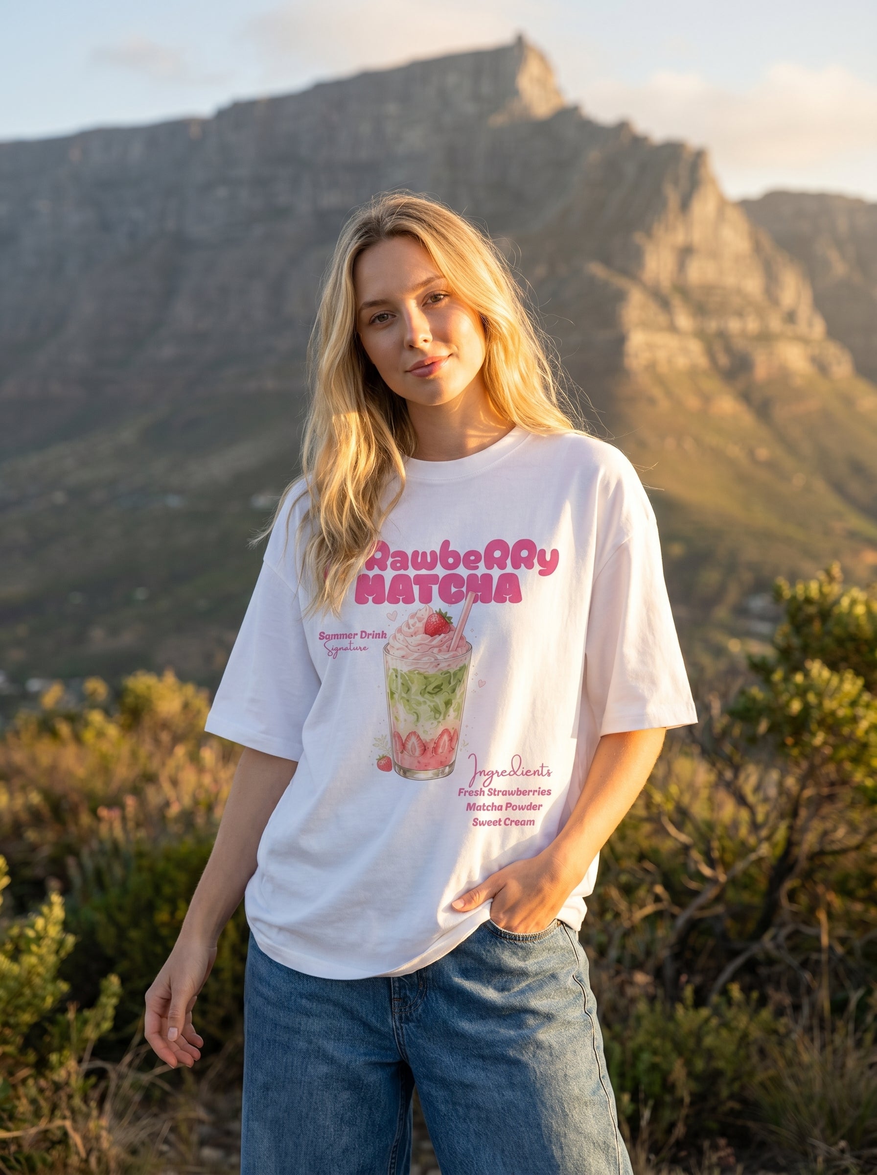 Strawberry Matcha – White Oversized T-Shirt