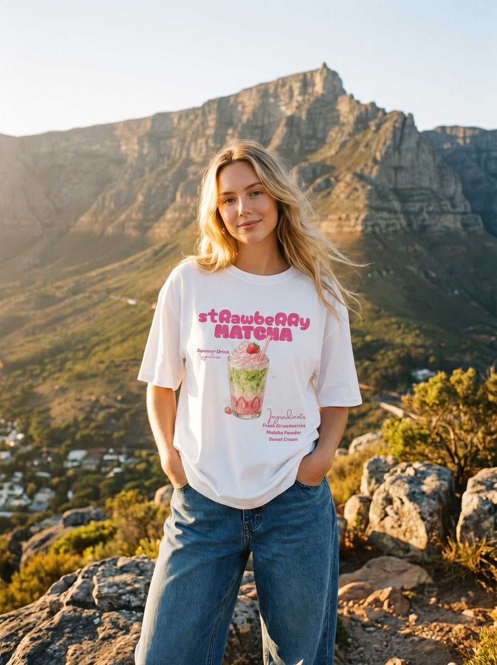 Strawberry Matcha – White Oversized T-Shirt