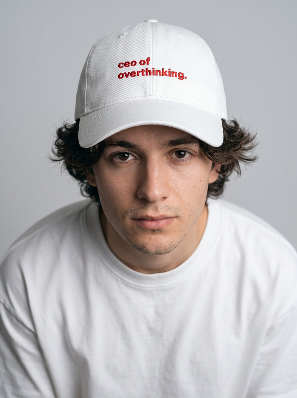 “CEO of Overthinking.” Embroidered Cap – White