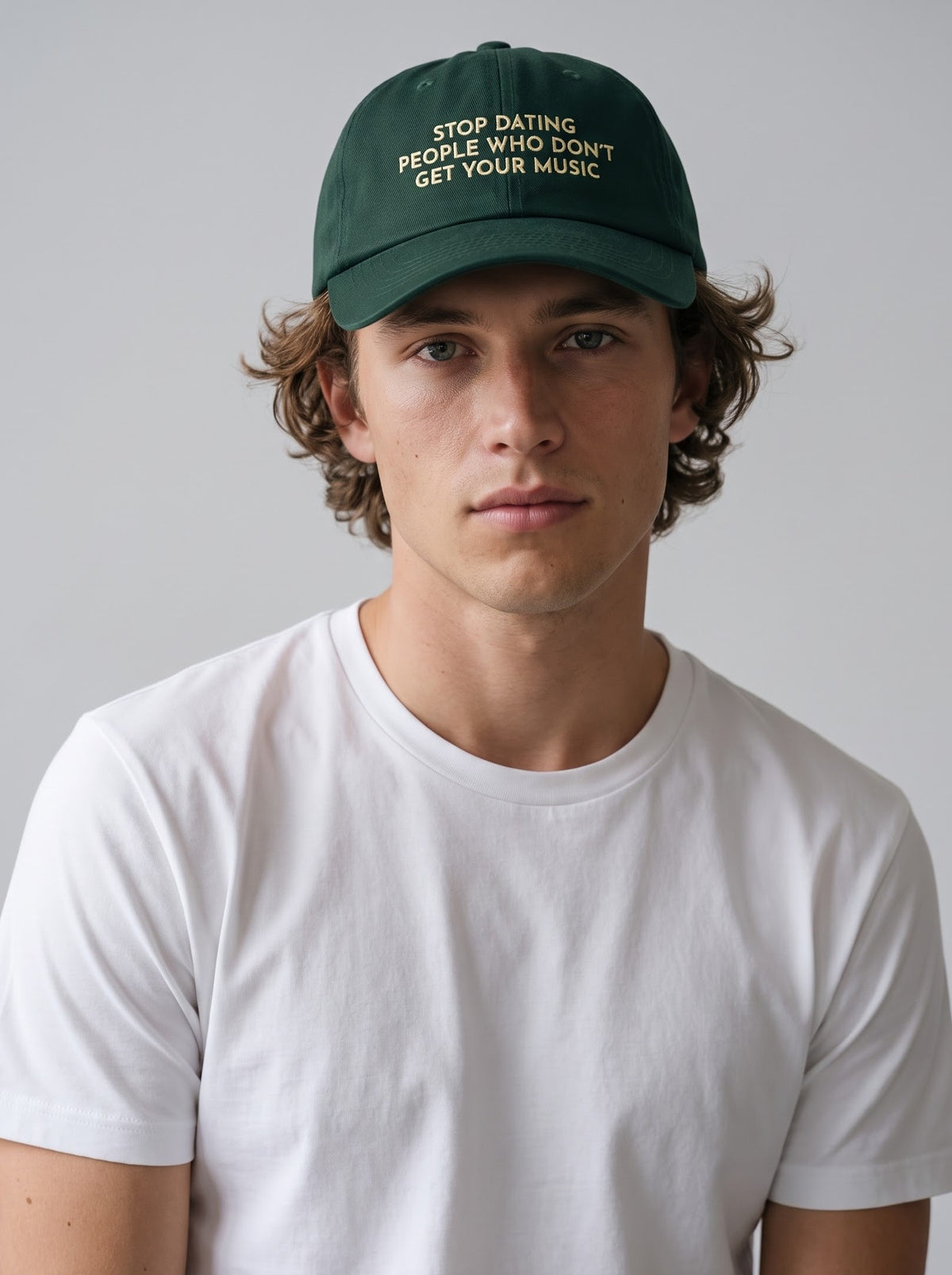 "Stop Dating People Who Don’t Get Your Music." Embroidered Cap – Bottle Green