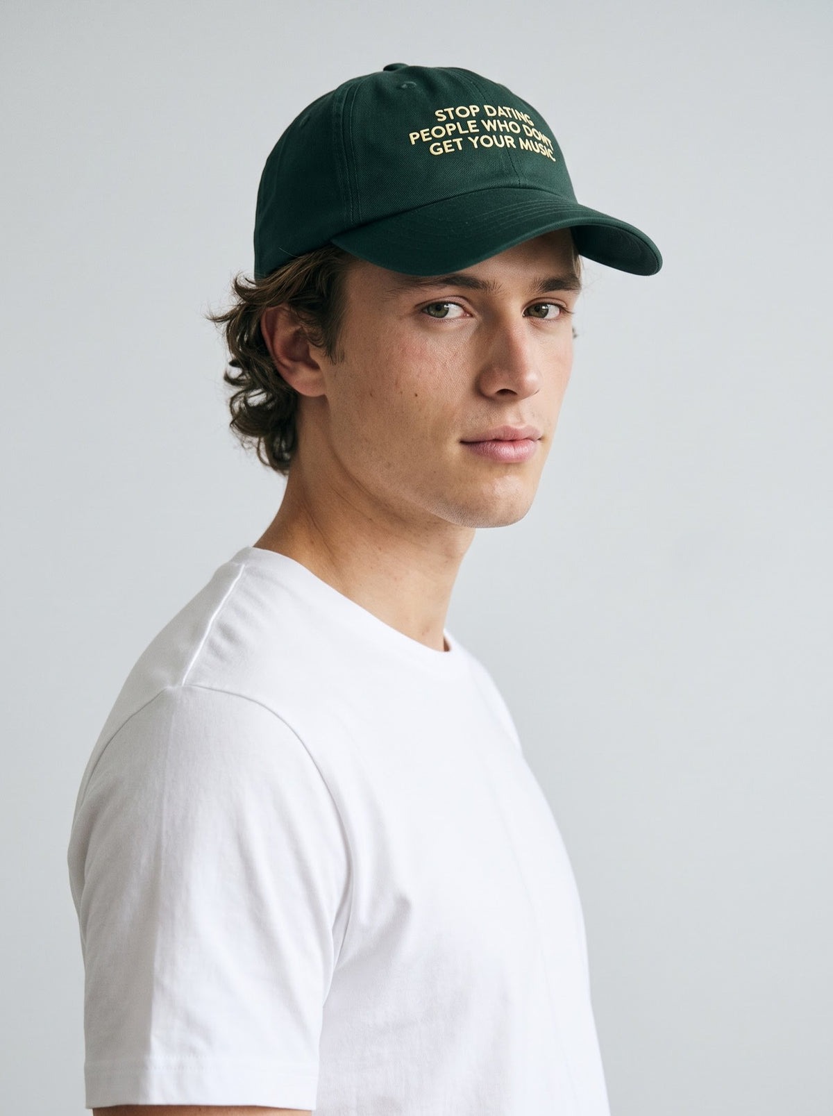 "Stop Dating People Who Don’t Get Your Music." Embroidered Cap – Bottle Green
