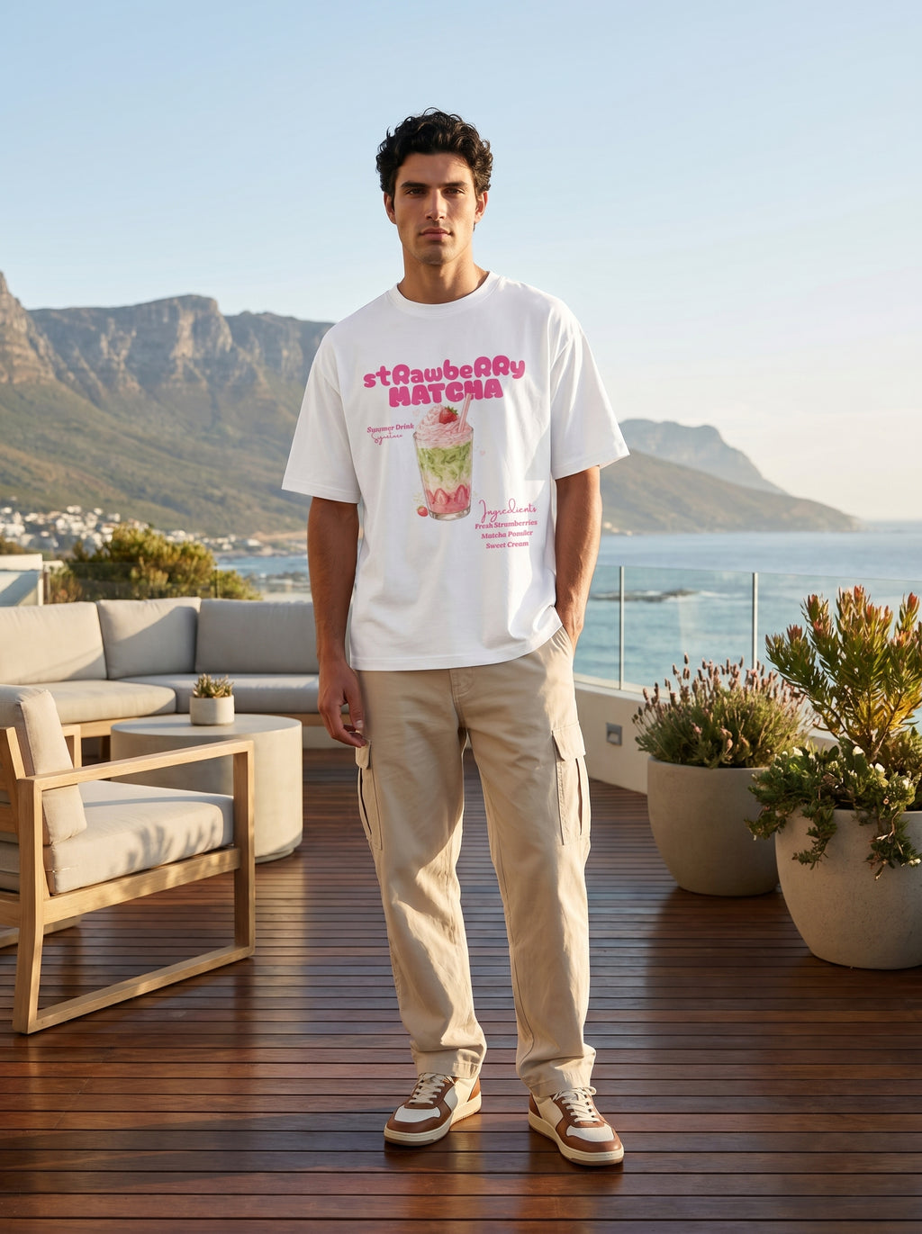Strawberry Matcha – White Oversized T-Shirt
