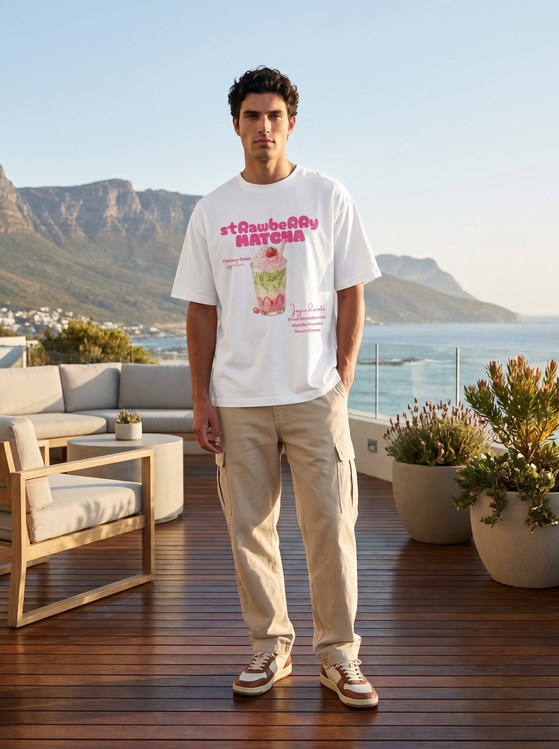 Strawberry Matcha – White Oversized T-Shirt