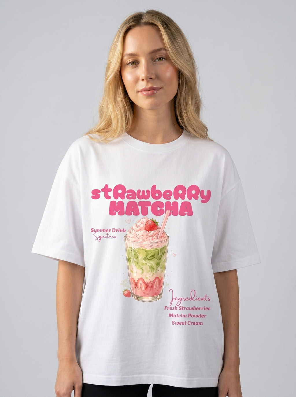 Strawberry Matcha – White Oversized T-Shirt