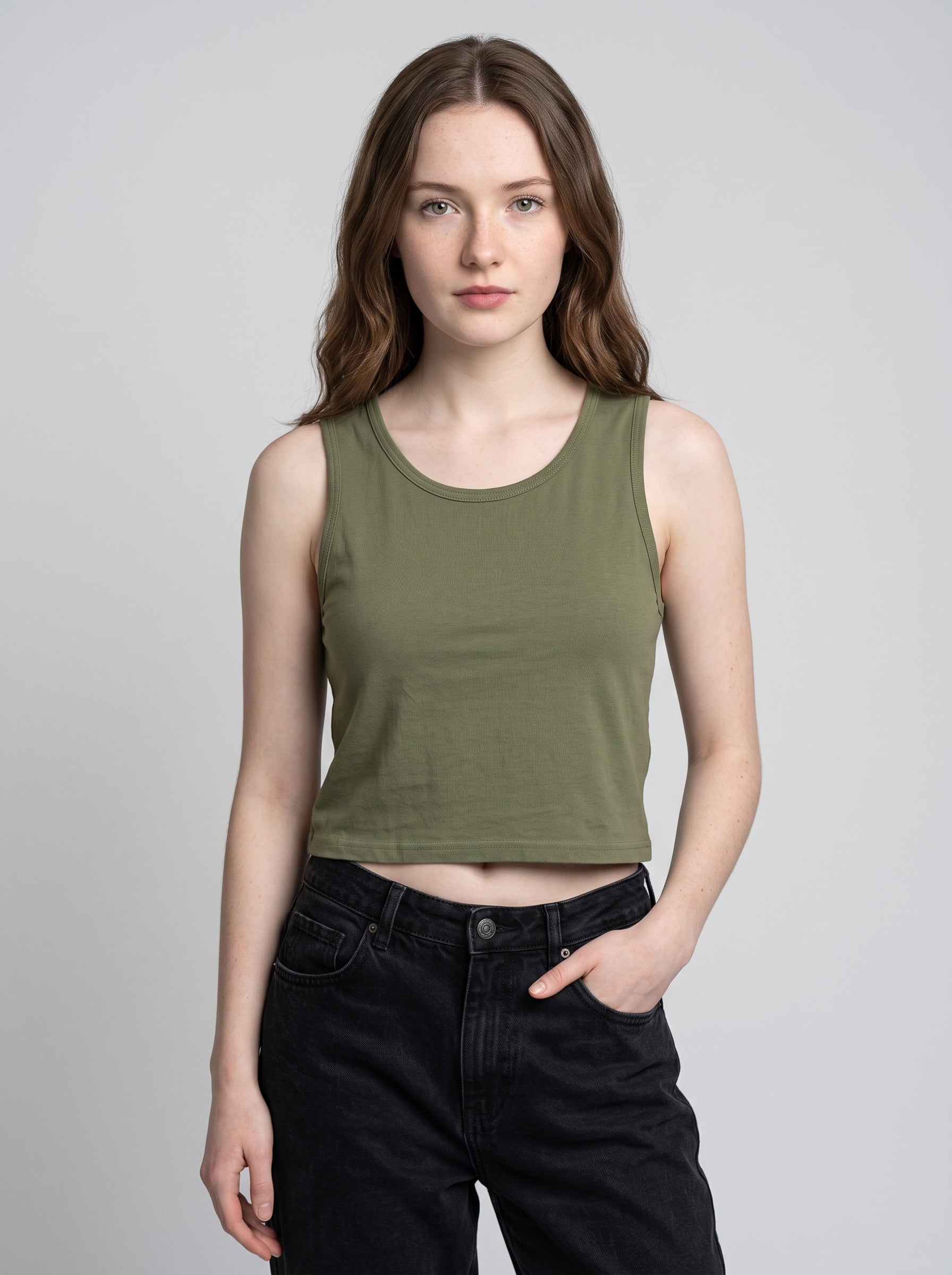 Essential Crop Tank Top - Olive Green Regular Fit