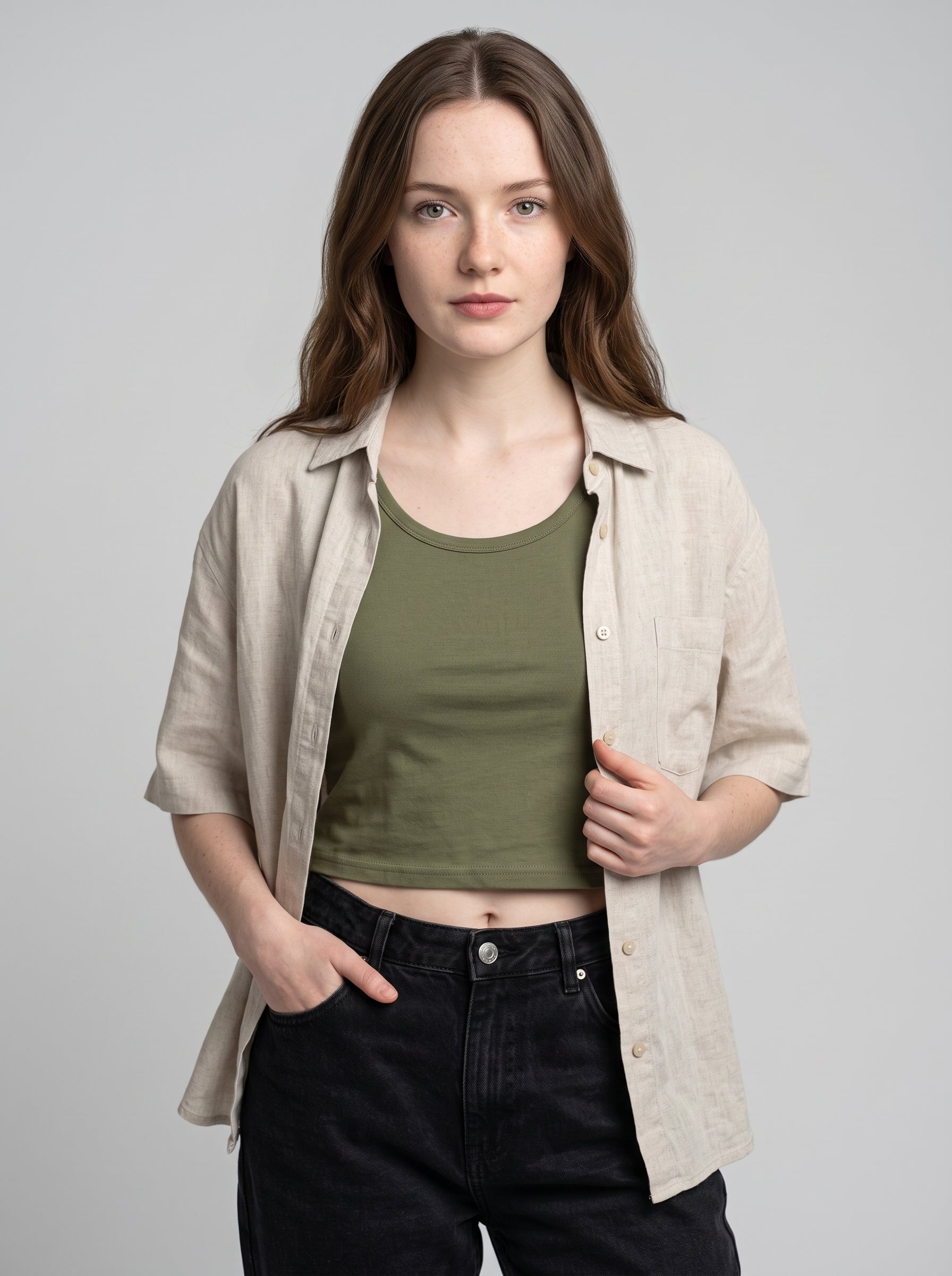 Essential Crop Tank Top - Olive Green Regular Fit