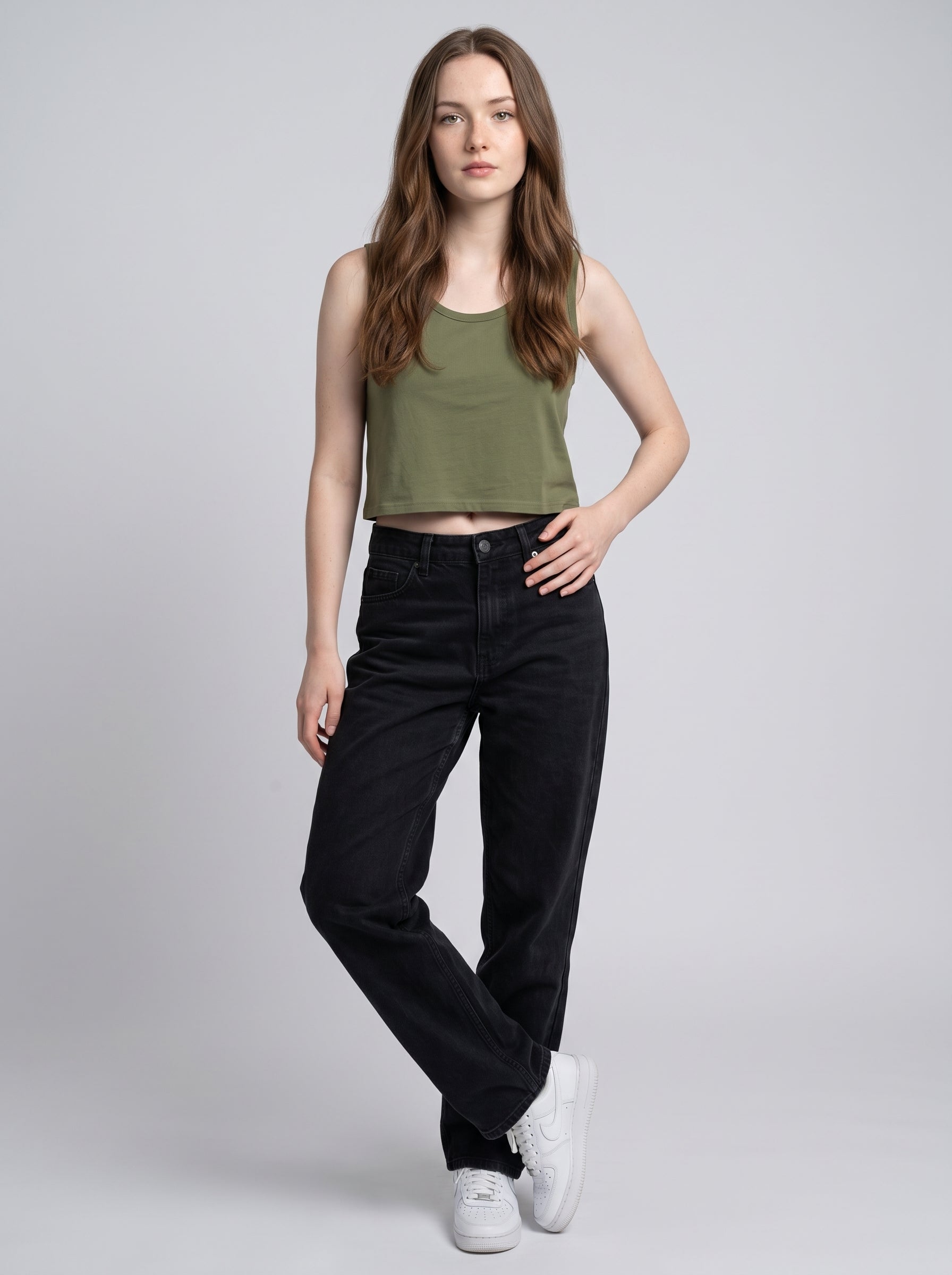 Essential Crop Tank Top - Olive Green Regular Fit