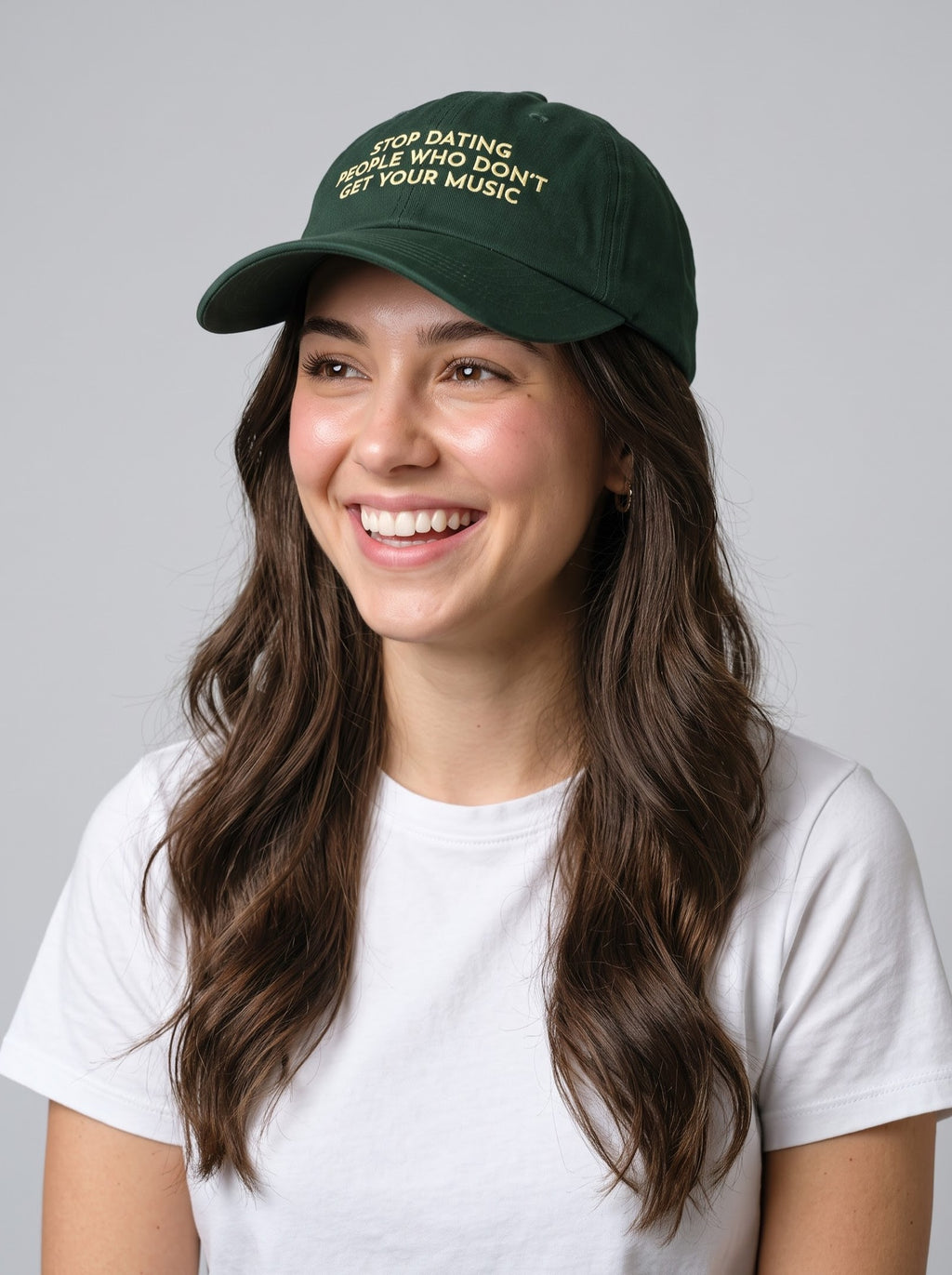 "Stop Dating People Who Don’t Get Your Music." Embroidered Cap – Bottle Green