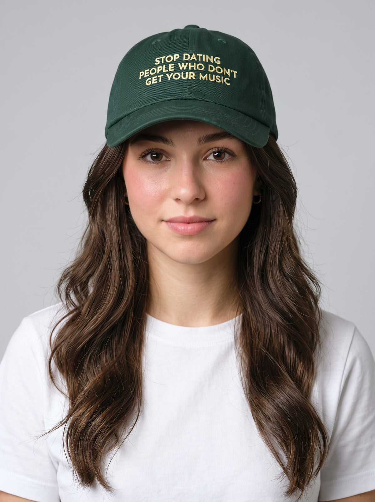 "Stop Dating People Who Don’t Get Your Music." Embroidered Cap – Bottle Green