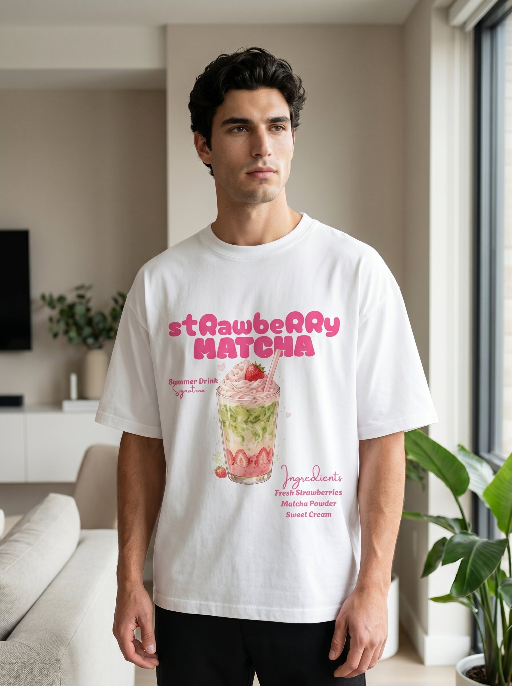 Strawberry Matcha – White Oversized T-Shirt