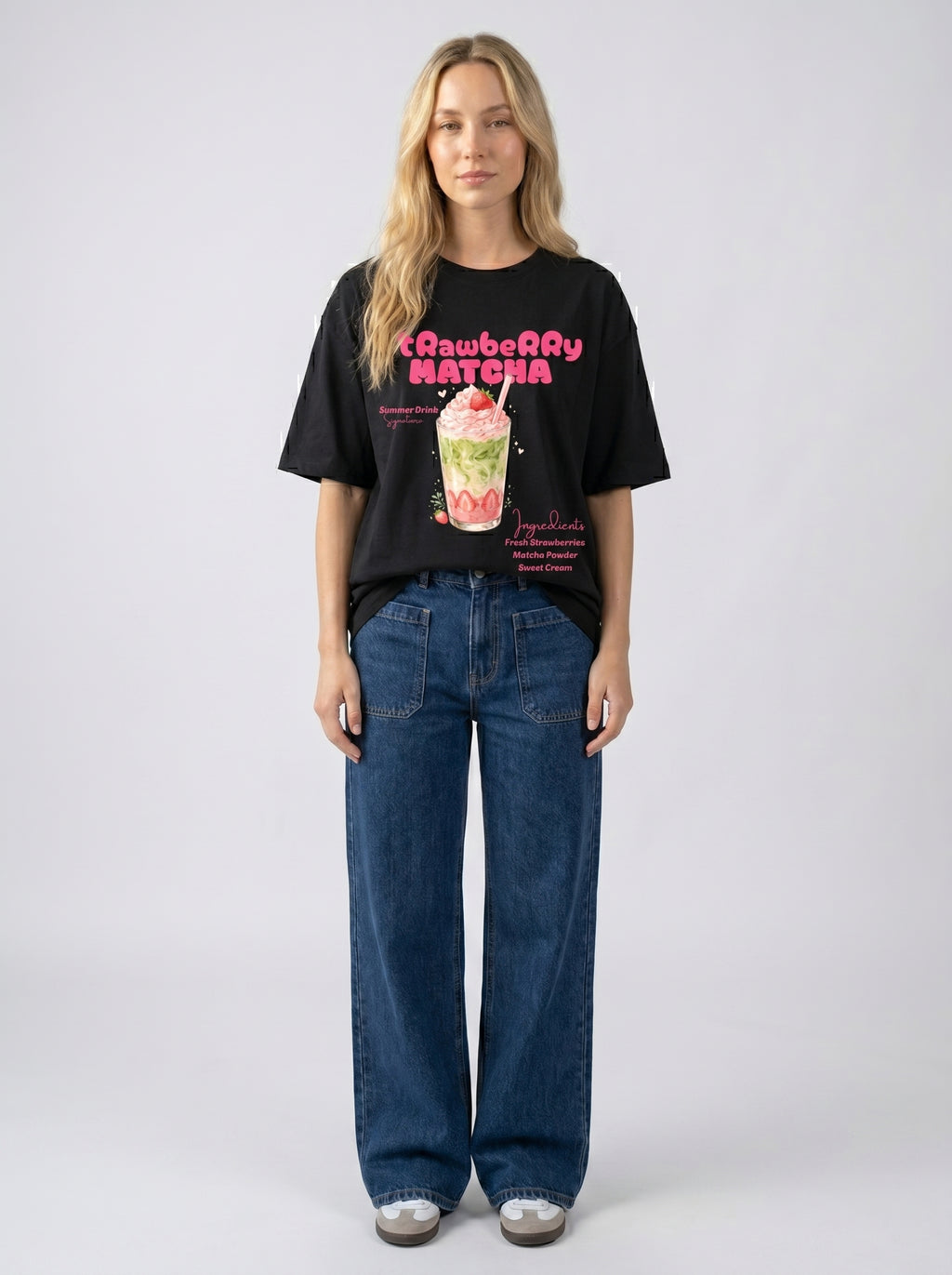 Strawberry Matcha – Black Oversized T-Shirt
