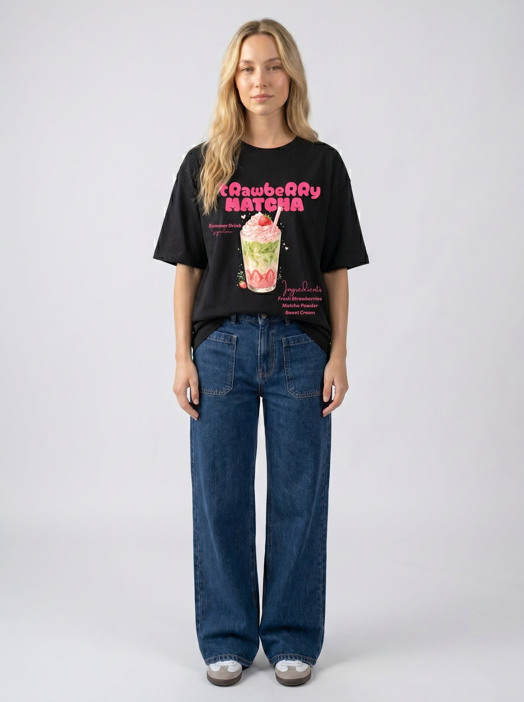 Strawberry Matcha – Black Oversized T-Shirt