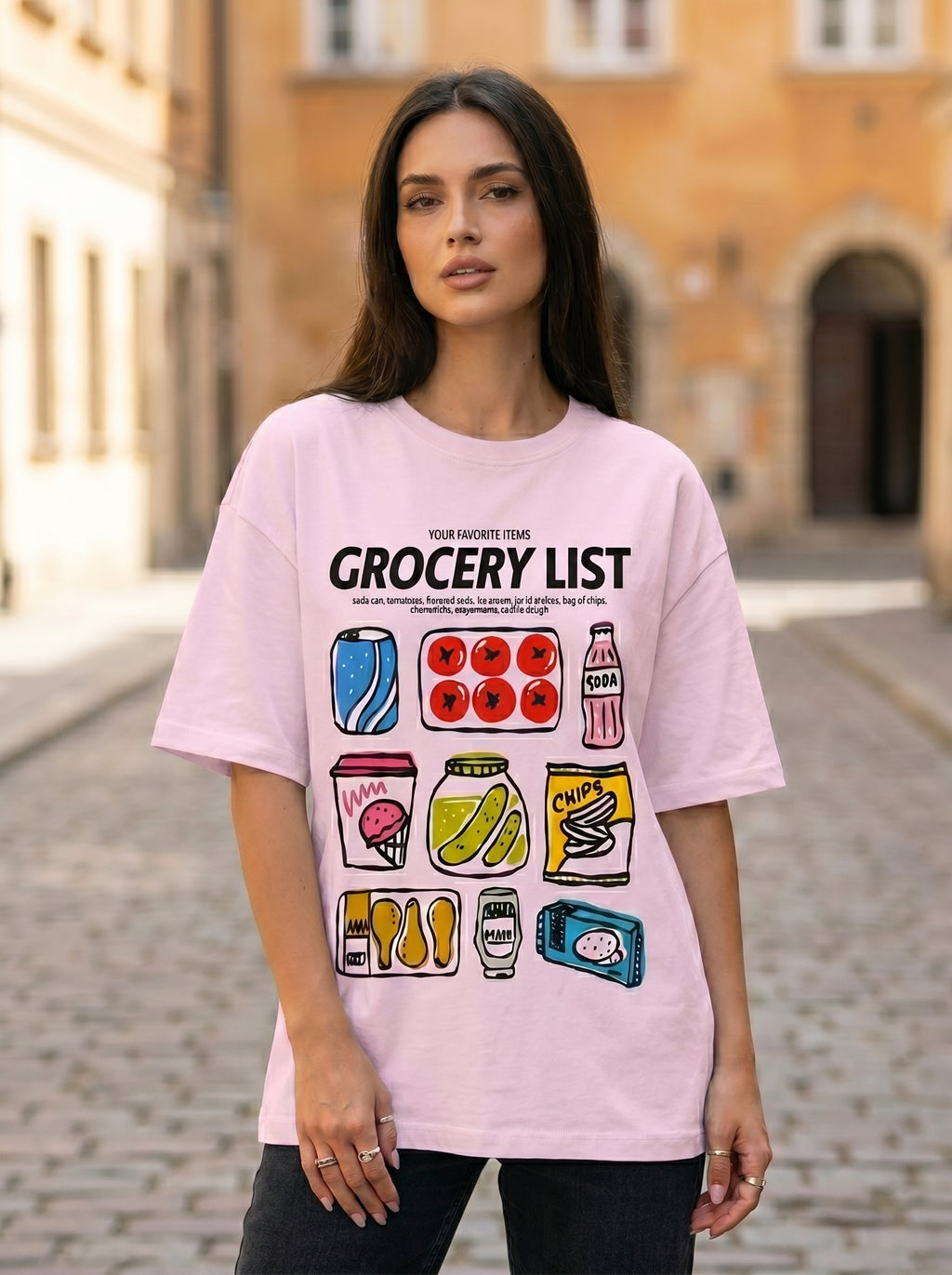 Grocery List - Oversized Graphic Baby Pink T-Shirt