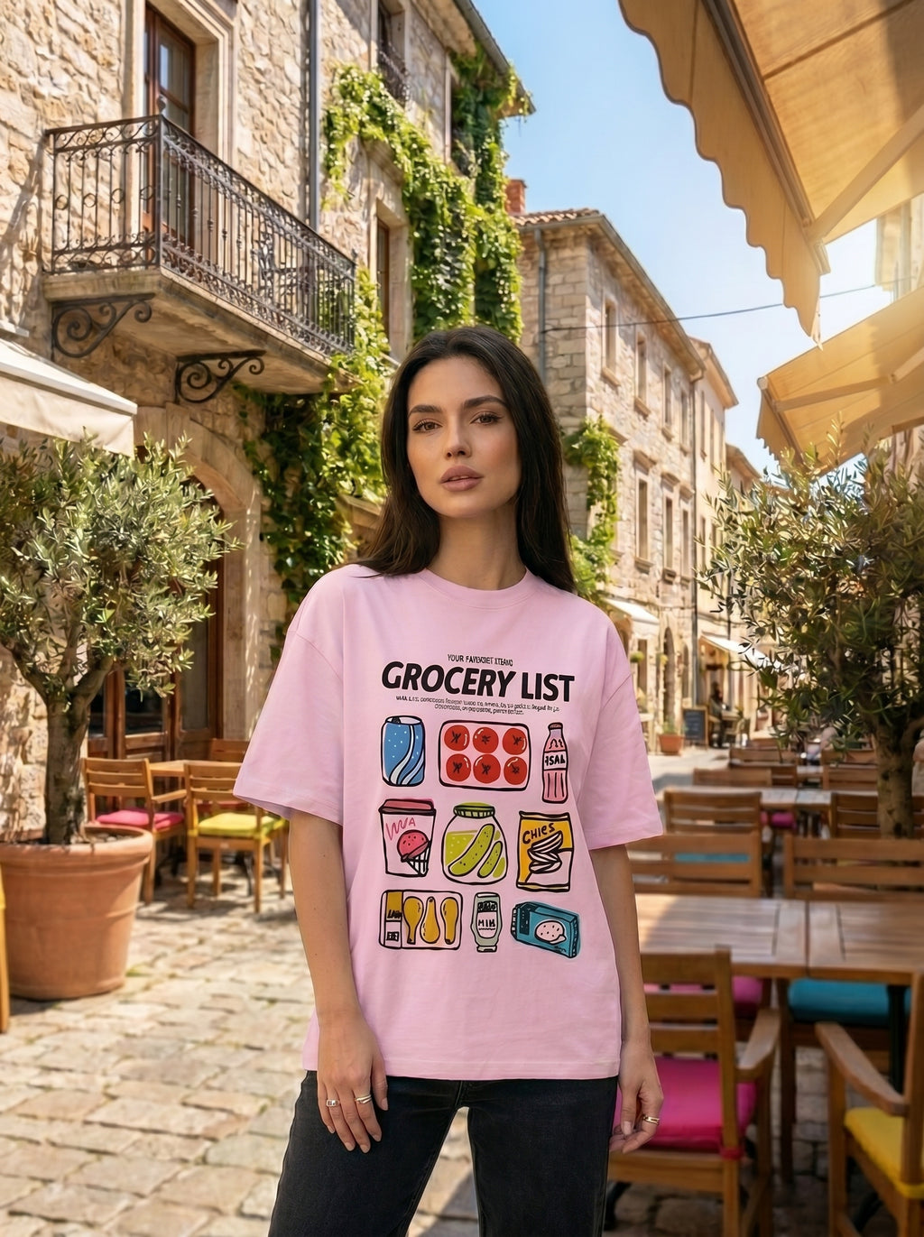 Grocery List - Oversized Graphic Baby Pink T-Shirt