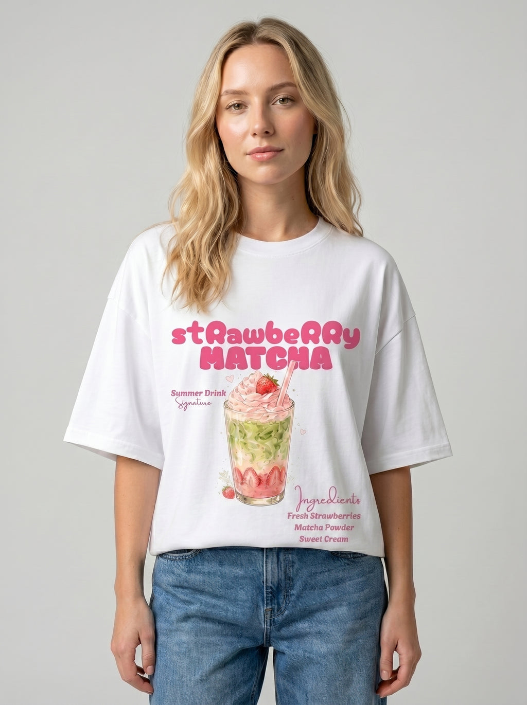 Strawberry Matcha – White Oversized T-Shirt