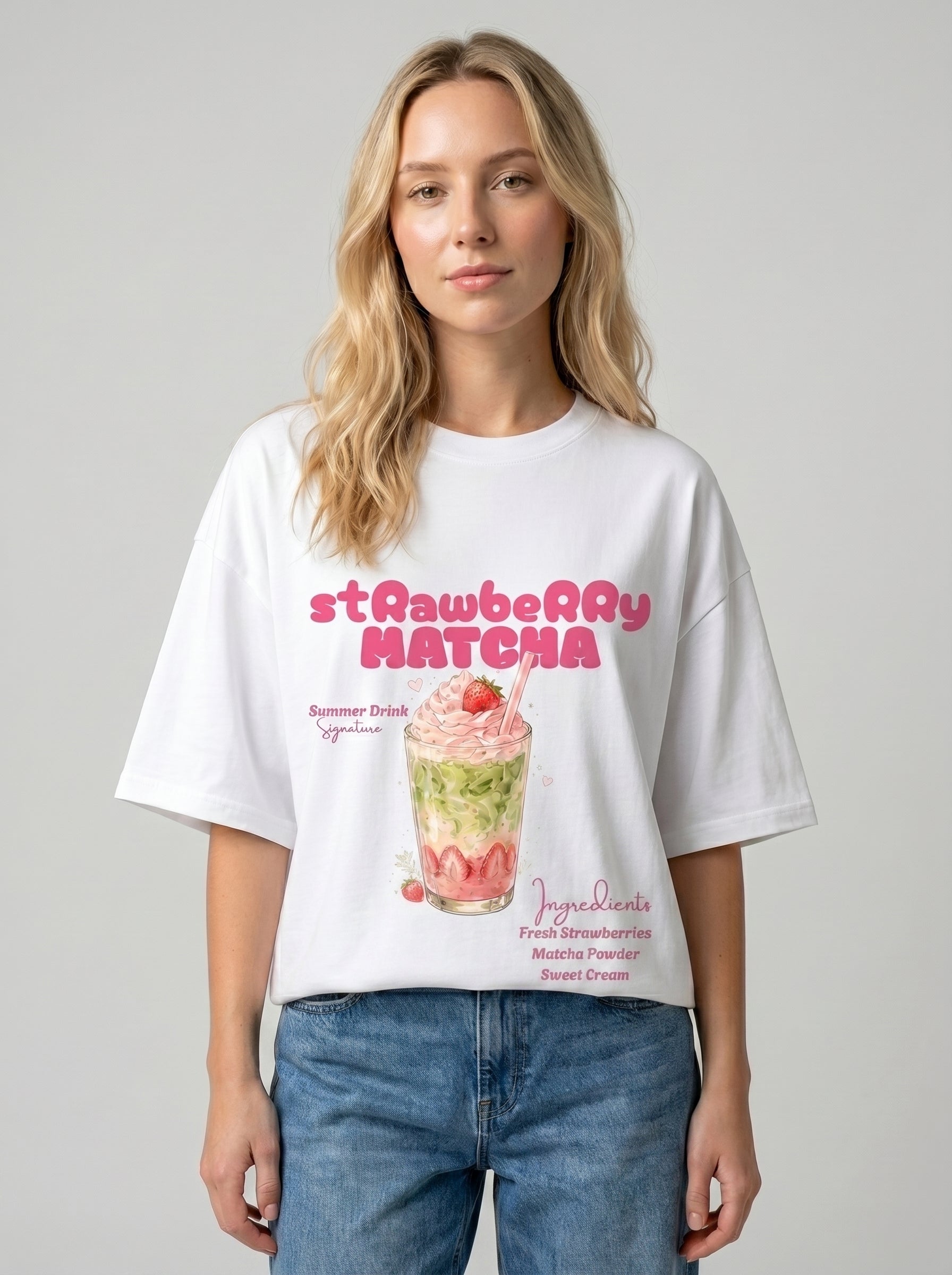 Strawberry Matcha – White Oversized T-Shirt