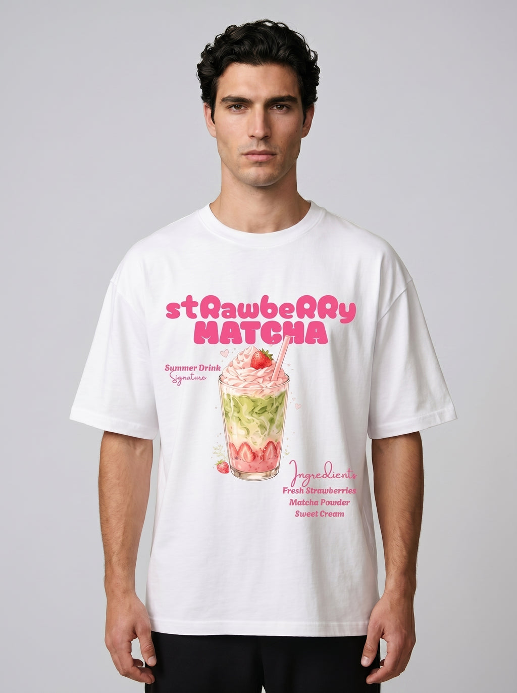 Strawberry Matcha – White Oversized T-Shirt